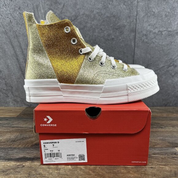 Converse Chuck 70 Plus Hi Glitter Size 7 Womens Vintage White Gold Sneakers - Picture 1 of 12